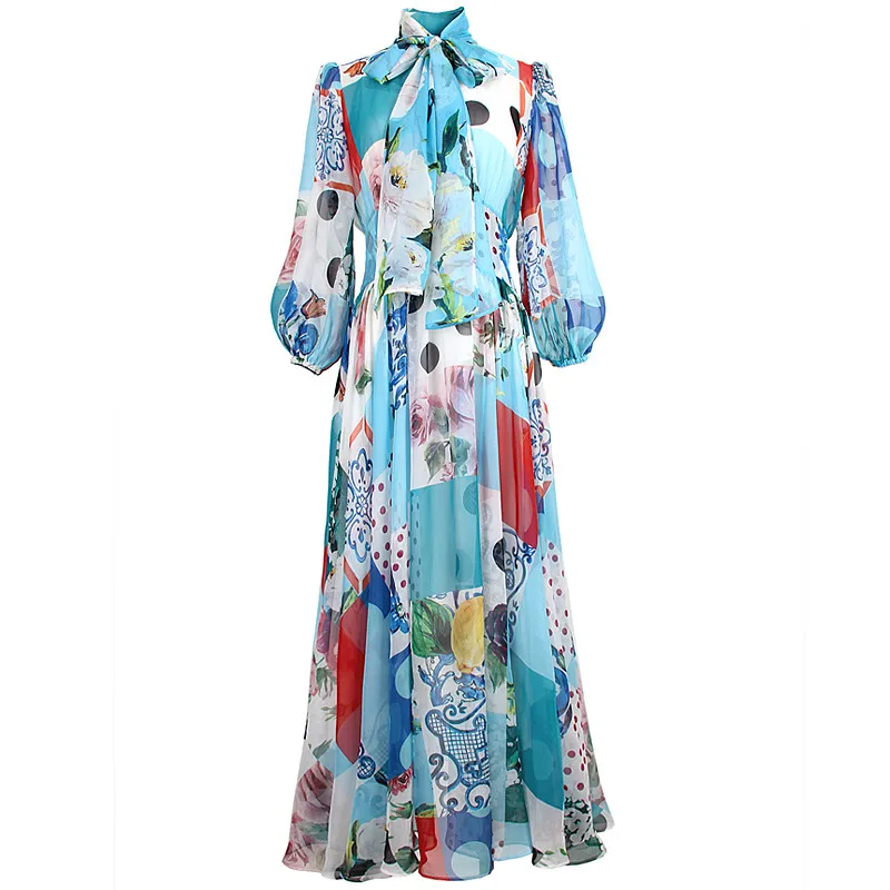 

Women Fashion Spring Designers Runway Long Dress Bohemian Chiffon Robe Femme Elegant Bow Collar Vacation Party Vestidos