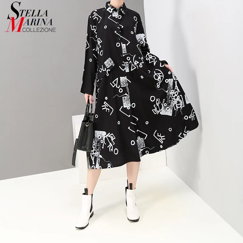 Новинка 2019 корейский стиль женское осеннее длинное черное платье рубашка