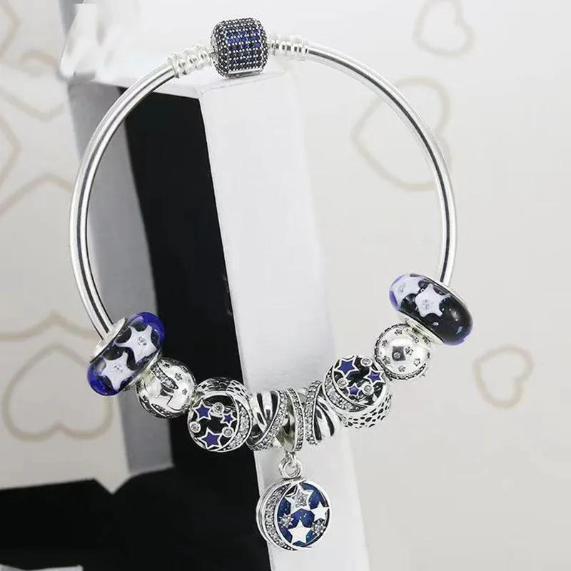 

2021 S925 Sterling Silver Blue Star Pearl Pendant With Blue Cz Button Bracelet Suitable For Women's Wedding Party Diy Jewel