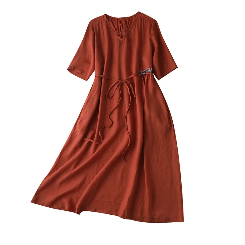 

SHUCHAN Dresses Women V-Neck Mid-Calf Sashes A-LINE 70s Clothes Vintage Style Novedades 2020 Mas Vedidas