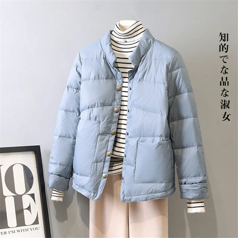 

2020 Autumn Winter Women Down Jacket Warm Loose Stand Collar covered buckle White Duck Down Parka Women's Jackets Coats