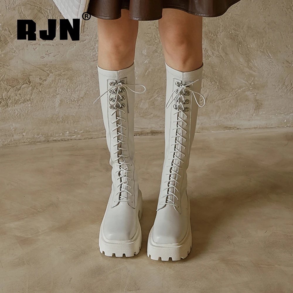 Beli RJN Bergaya Musim Gugur Sepatu Bot Setinggi Lutut Square Yang Unik Toe Bernapas Kulit Sapi Lace-Up Wanita Sepatu Platform Boots RO323