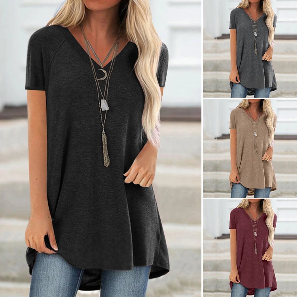 

tshirt Casual Summer Women Solid Short Sleeve V Neck Loose Blouse Long T-shirt 2020