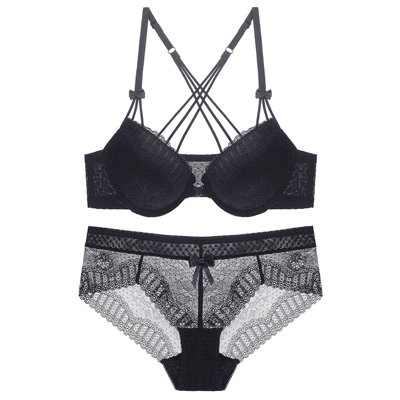 

and American sexy lace women's underwear deep V gathered front button bra Y-shaped cross shoulder strap back bra set