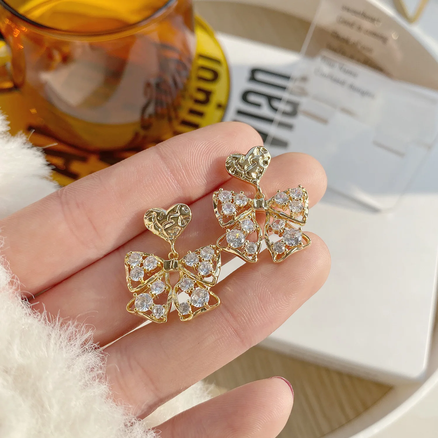 

14k Real Gold Plated Jewelry Love Bow Cute Micro-inlaid Zircon Luxury Earrings for Woman Shine Holiday Party Daily Earring