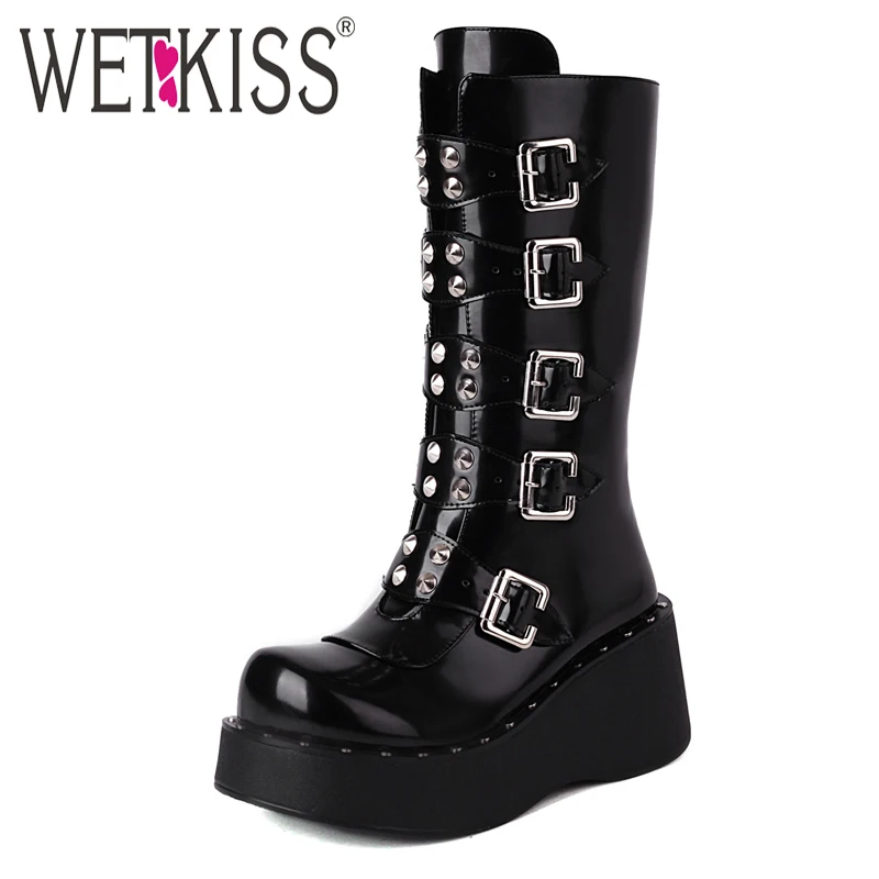 

Wetkiss Autumn&Winter Fashionable Mid Calf Flats Boots Heightened Round Toe Gothic Punk Belt Buckle Creeper Wedges Shoes XL059