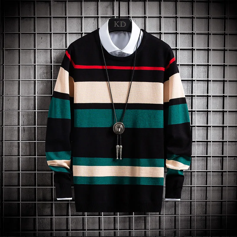 

И зима 2020 новая мужская футболка утепленный пуловер с круглым вырезом полосатый свитер Мужской базовый свитер Мужская мода