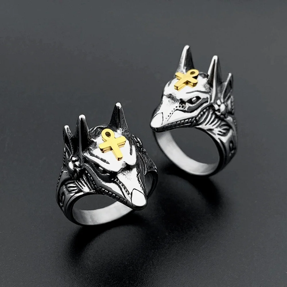 

European and American fashion trend neo-gothic domineering men's retro Anubis death ring self-defense tide titanium steel ring