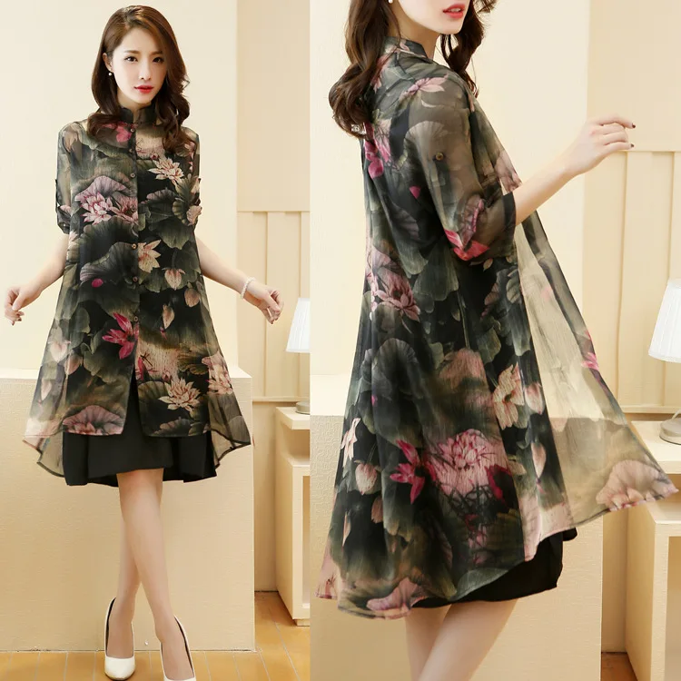 

Plus-sized Women's Clothing Middle-aged Women Dress Half-sleeve Shirt Chiffon Dress Suit Fat mm Loose Slimming Cardigan Mid-leng