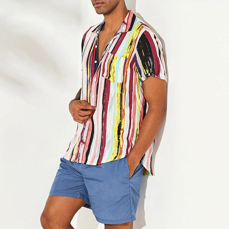 

Men Summer Casual Shirts Loose Beach Shirt Male T-shirt Hawaiian Casual Short Sleeve Blouse Plaid Striped Tops Plus Size 4XL Top
