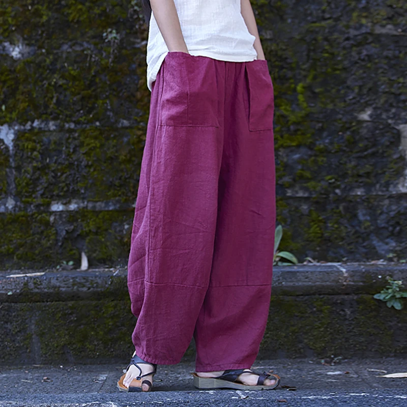 Широкие брюки шаровары из хлопка и льна с эластичным поясом|wide leg pants|loose harem pantsleg