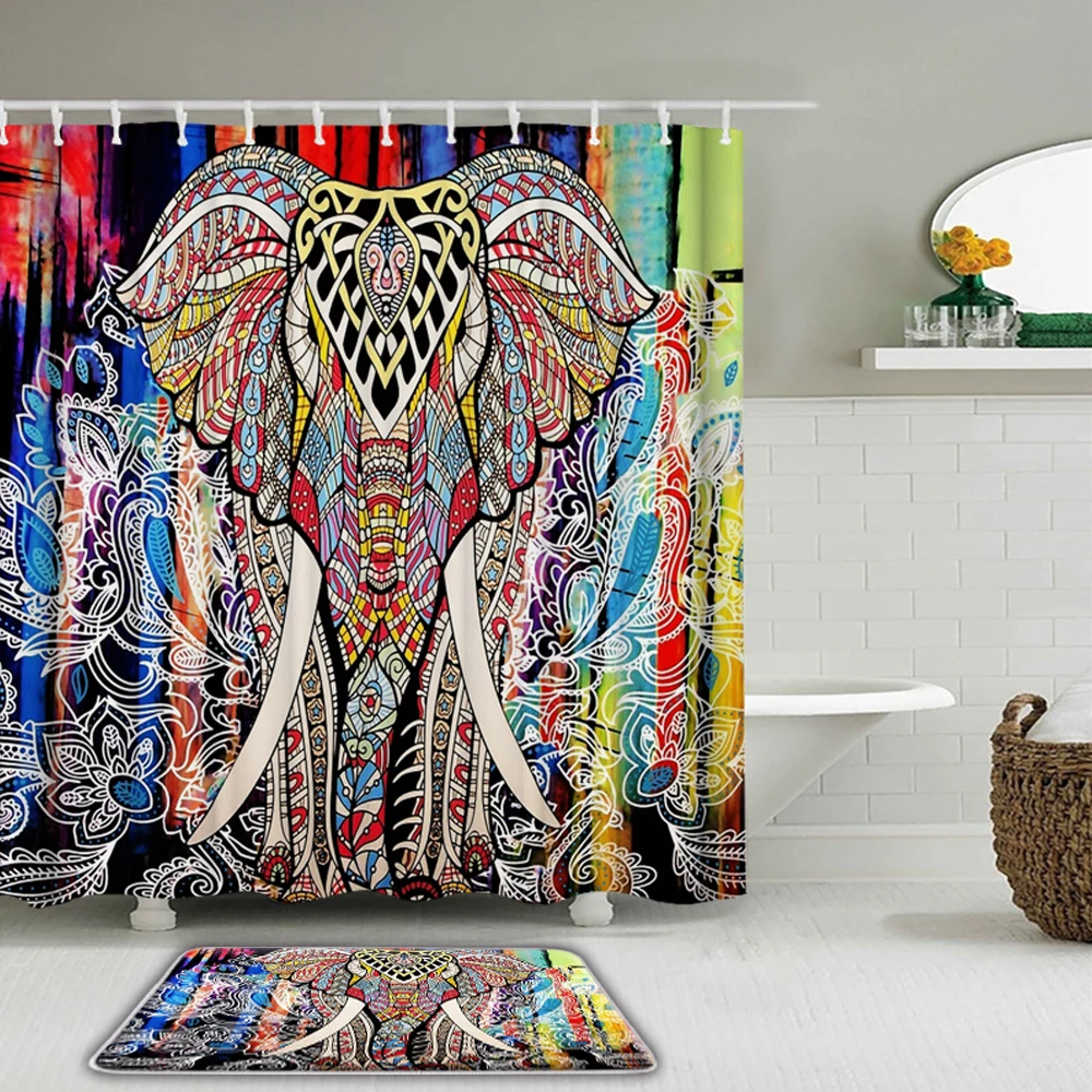 

2pcs/set 3d Animals Shower Curtain Set Mat Elephant Cat Dog Bath Curtains Waterproof Cloth + Non-slip Toilet Bathroom Mat