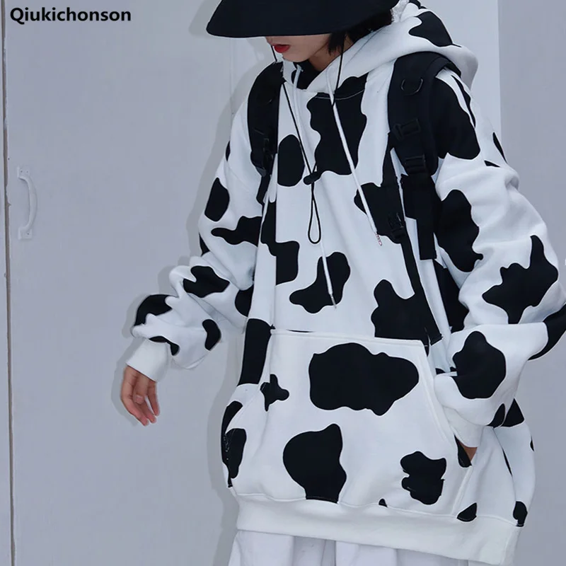 

Cow Print Autumn Winter Hoodies Women 2020 Korean Fashion Long Sleeve Sweatshirts Harajuku Style Oversized Midi Long Hoody Tops