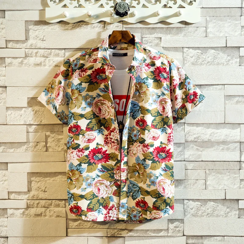 

2021 Summer New Flower Shirt Short-sleeved Shirt Youth Fashion Printing Large Size Thin Half-sleeved Non-iron Shirt for Men