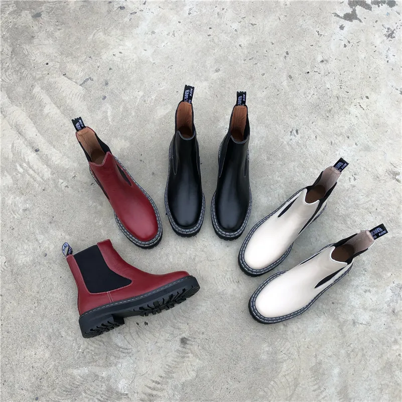 

ANNYMOLI Genuine Leather Platform Mid Heel Chelsea Boots Ankle Boots Women Shoes Slip On Chunky Heels Short Boots Autumn Winter