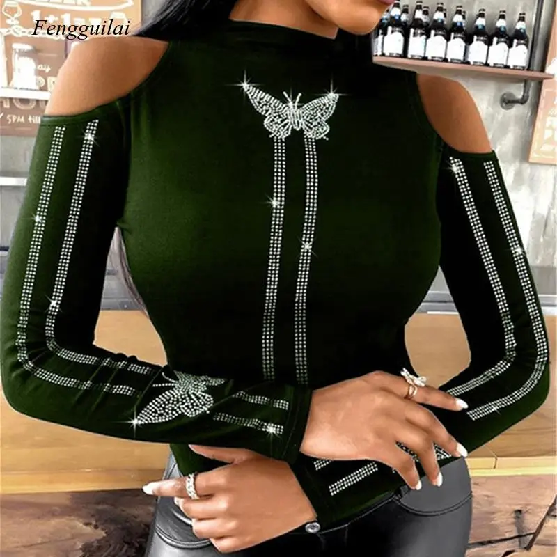 

Women Elegant O Neck Diamonds Studded Blouse Sexy Ladies Solid Hollow Out Pullover Tops Spring Long Sleeve Slim Fit Shirt Blusas