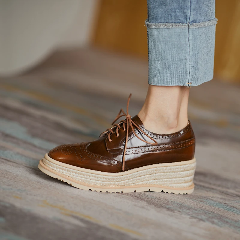 

Spring/autumn 2021 Women Shoes Round Toe Lace-Up Women Platform Shoes Retro Straw Bottom Casual Shoes Color Matching Block Shoes