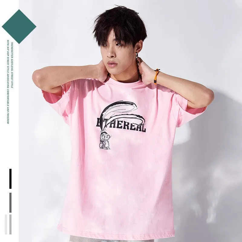 

Summer New Men Trend Short-sleeved T-shirt Korean Cartoon Rabbit Print Couple Cotton Shirt Breathable Casual Popular Hip-hop