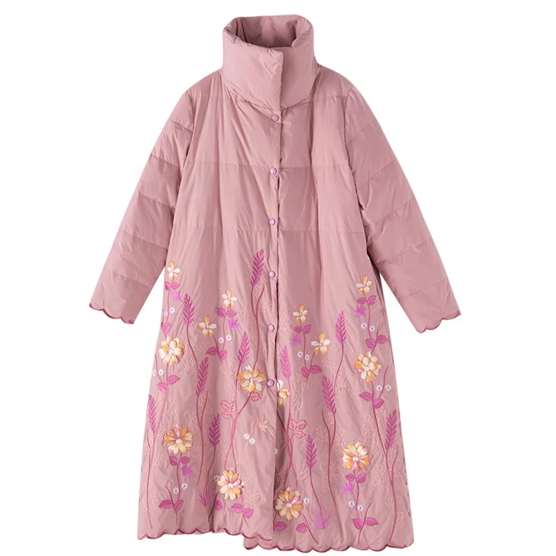 

Winter Fashion 2021 Parka Coats Down Outerwear Women Allover Luxurious Embroidery Green Pink Apricot Coat Plus Size XXXL Clothes