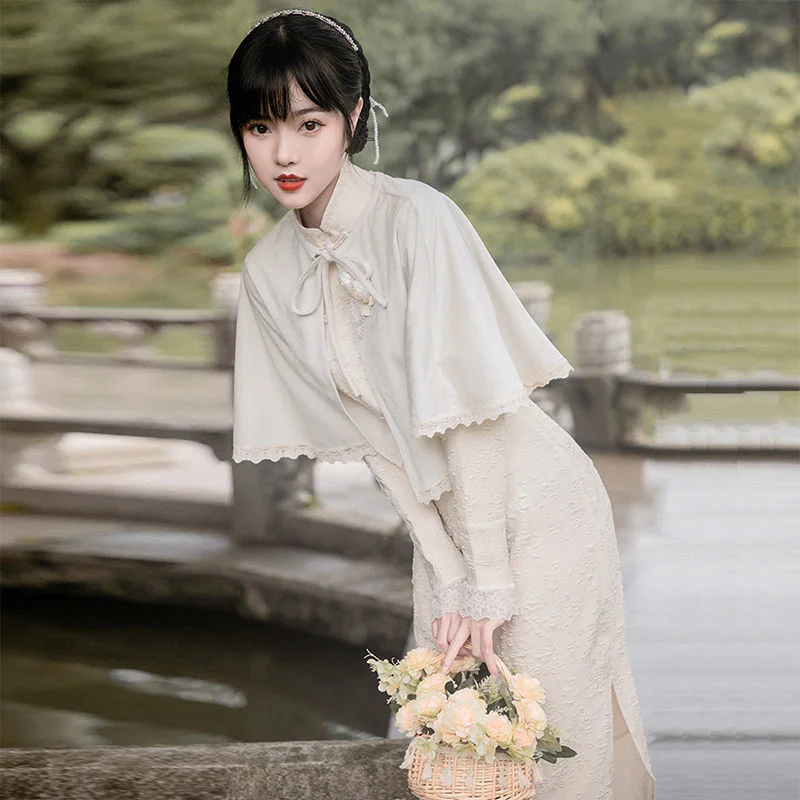 Женское осеннее платье-Ципао с длинным рукавом бело-черное платье в китайском