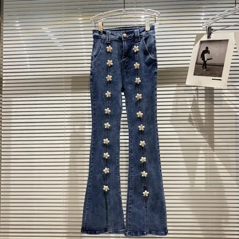 

Женские узкие джинсы с трехмерным цветочным дизайном, эластичные облегающие слегка расклешенные джинсы для вождения, Новинка осени 2021
