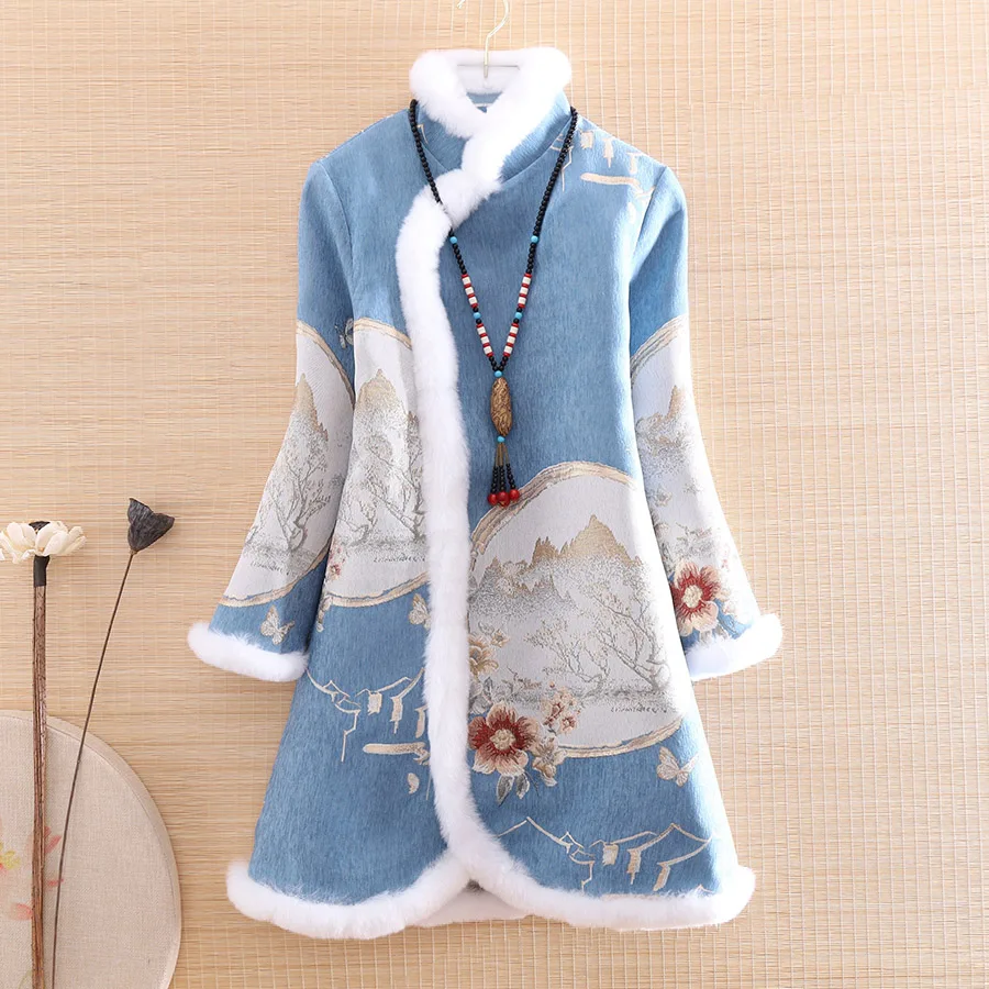 High-end Winter Women Rabbit Fur Coat Top Chinese Style Retro Jacquard Floral Elegant Loose Lady Warm Trench Coat Female S-XXL
