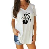 butterfly picking print t shirt summer womens casual loose cotton short sleeve v neck tee tops