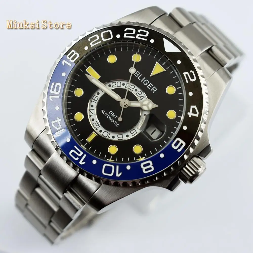 Bliger 43 мм черный циферблат светящиеся знаки сапфировое стекло керамический