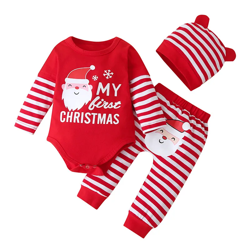 

Autumn Infant Children's Christmas Long Sleeve Three-Piece Suit New Striped Pants Detachable Hat Romper Children's Suit