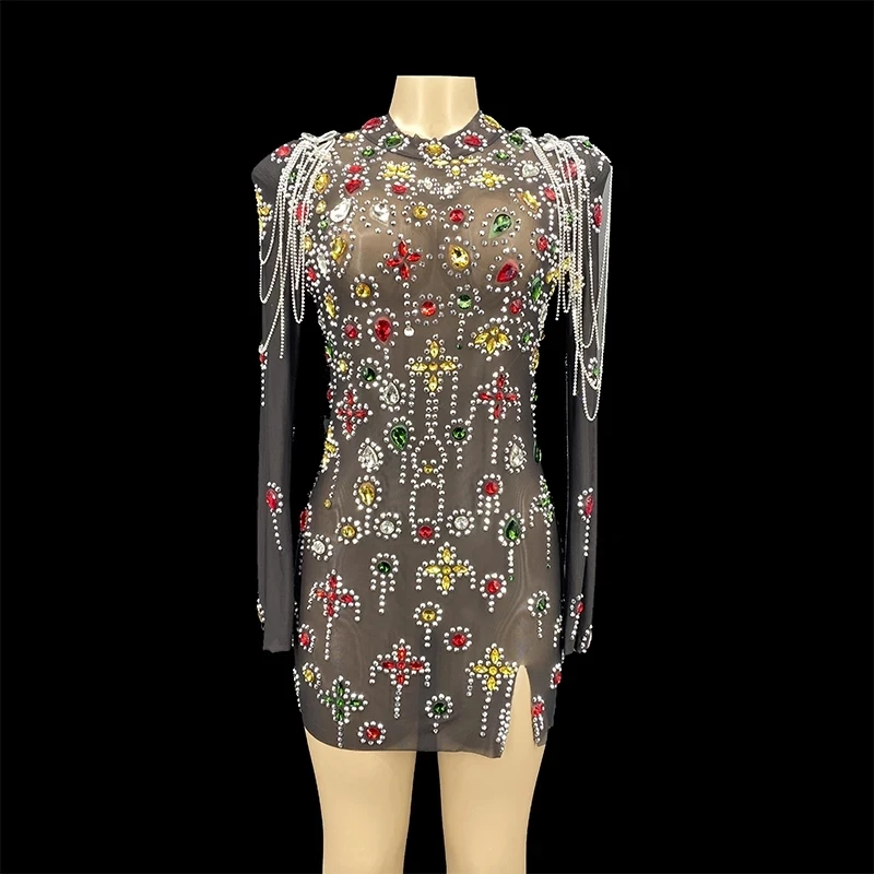 Новый дизайн черное Сетчатое мини-платье с цветными кристаллами сексуальное