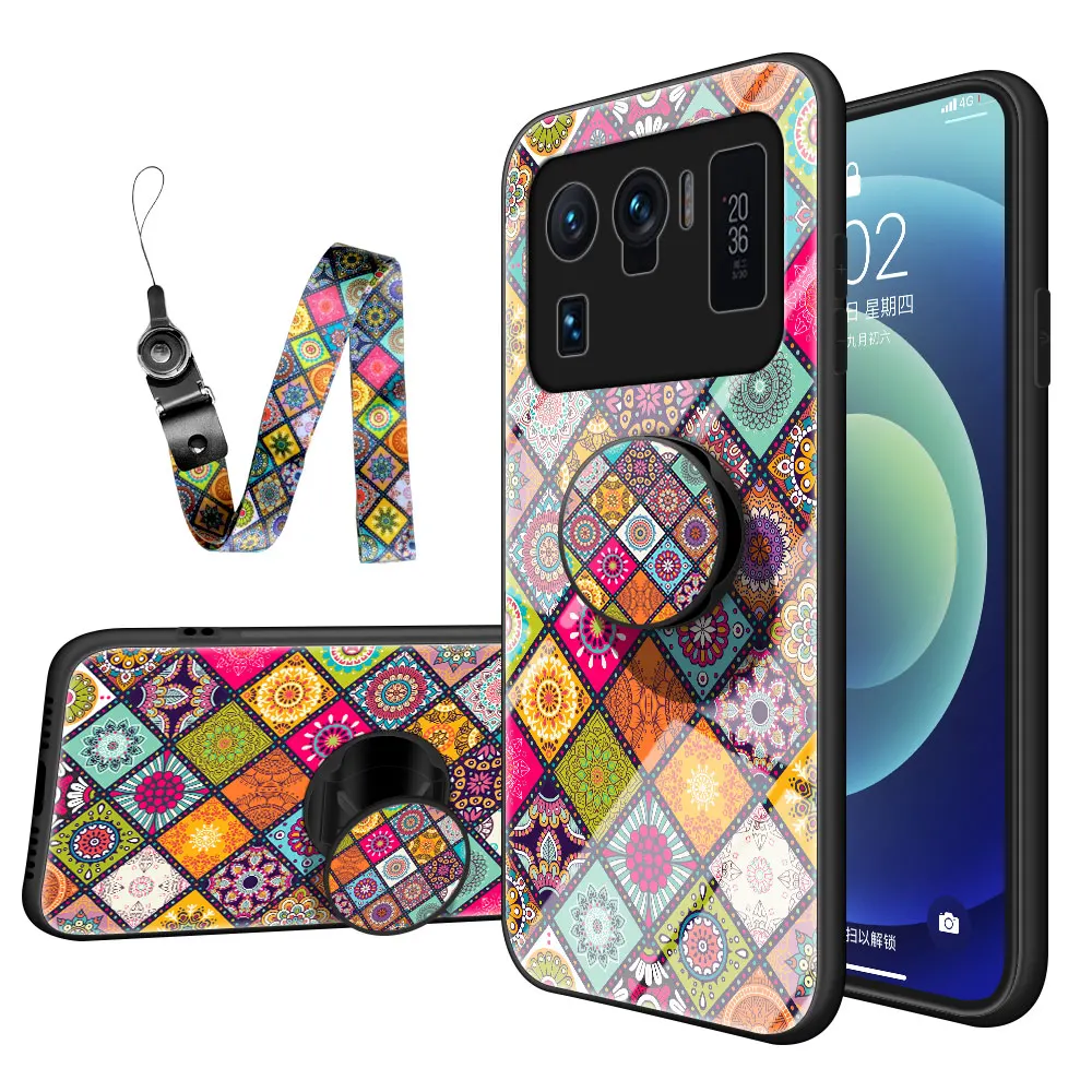 

Explosion-proof Tempered Glass Phone Case for Xiaomi Mi 11 Ultra Case Stained Glass Cover with Telescopic Bracket And Lanyard