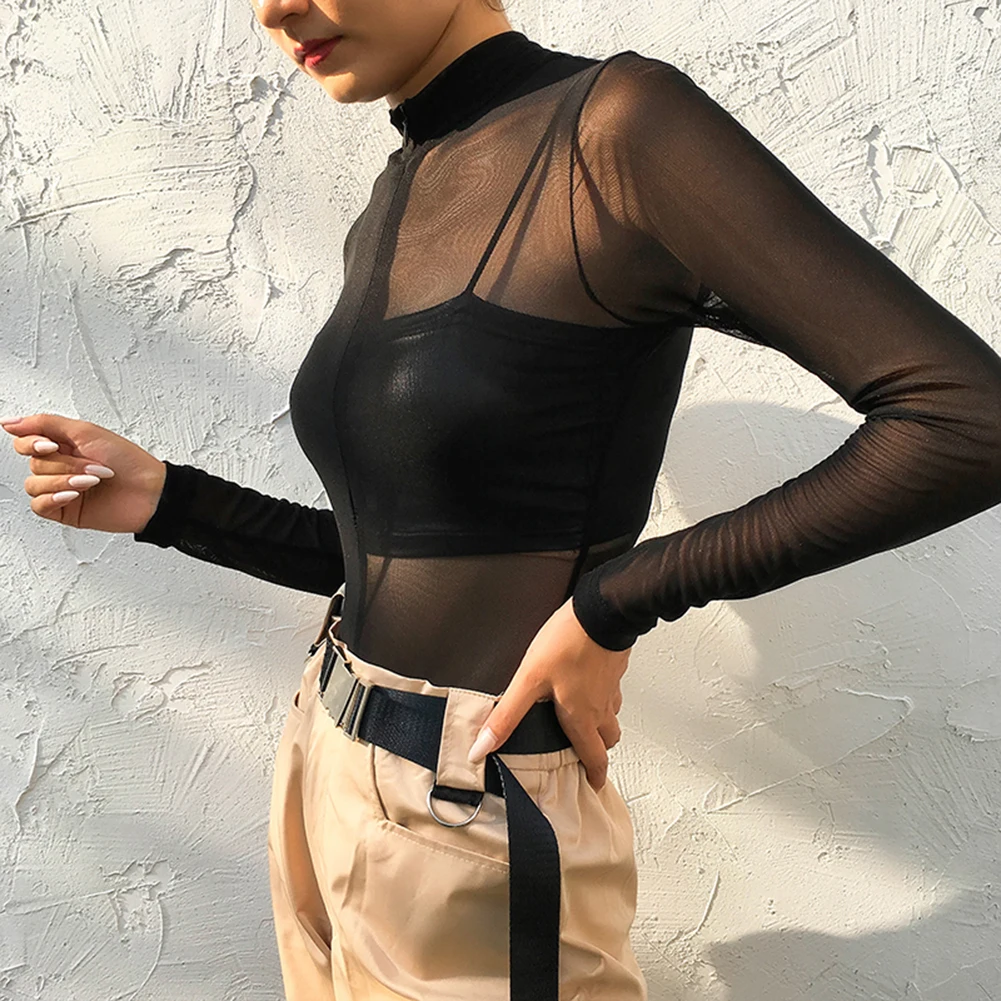 Сексуальный прозрачный сетчатый женский комбинезон на молнии с длинным рукавом