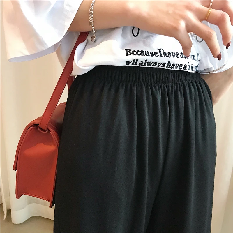 

Pants Women Elastic Waist High Quality Womens Korean Style Wide Leg Black Solid Simple Pant Loose Casual Females Trousers Chic