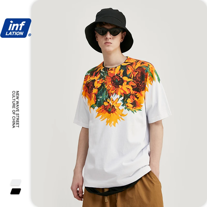 Мужская хлопковая футболка INFLATION свободная с принтом цветов и растений модель
