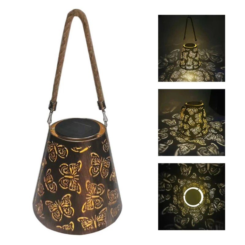 

Retro Hollow Out Solar Lantern Outdoor Decorative Hanging Metal Lights Yard Garden Waterproof LED Projector Lamp