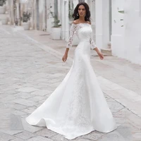 vintage mermaid wedding dresses 2022 boat neck long sleeves lace appliques botton court train bridal gowns vestido de novia