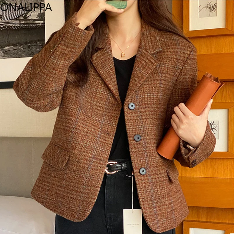 

Onalippa Women Cardigan 2021 Autumn Winter French Temperament Retro Lapel Three Buttons Loose Long Sleeve Woolen Suit Jacket