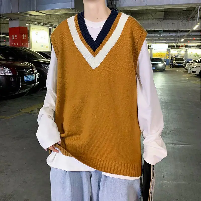 

Korean Sweater Vest Men's Fashion Casual V-neck Knitted Pullover Men Streetwear Loose Vest Knitting Sweaters Mens Clothes M-2XL