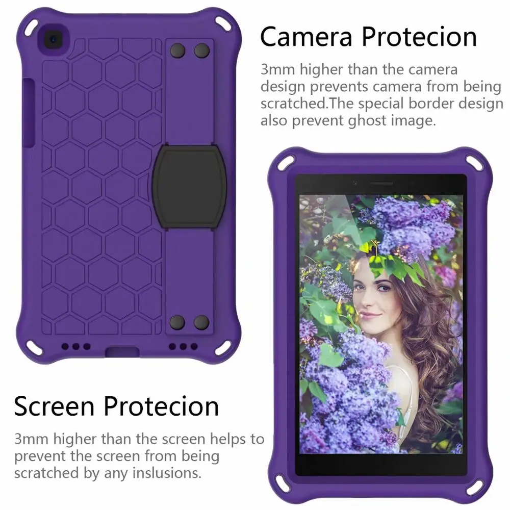 Purple Чехол в виде сот T290 для samsung Galaxy Tab A 8,0 SM-T290 T295 T297, чехол-подставка с ручкой, детский чехол с плечевым ремнем+ ручка - Цвет: Purple