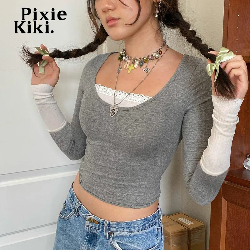 

Кружевная отделка PixieKiki, серые кроп-топы с длинным рукавом Y2k, эстетичная одежда для ношения одежды, сексуальные модные облегающие футболки ...