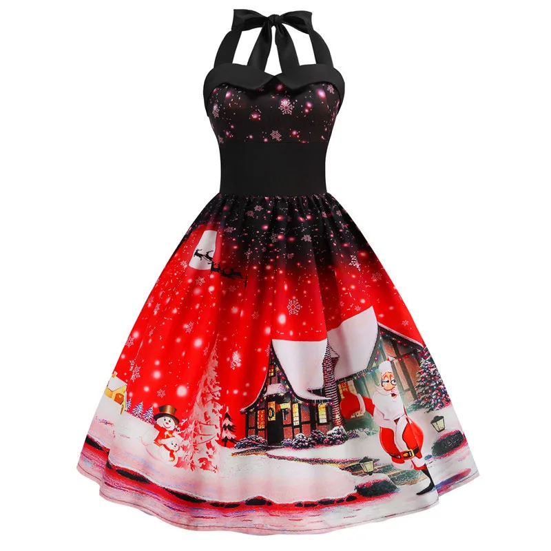 

Women Casual Christmas Dress Summer Vintage Sexy Halter Party Sundress Elegant Robe 50S 60S Rockabilly Swing Vestidos