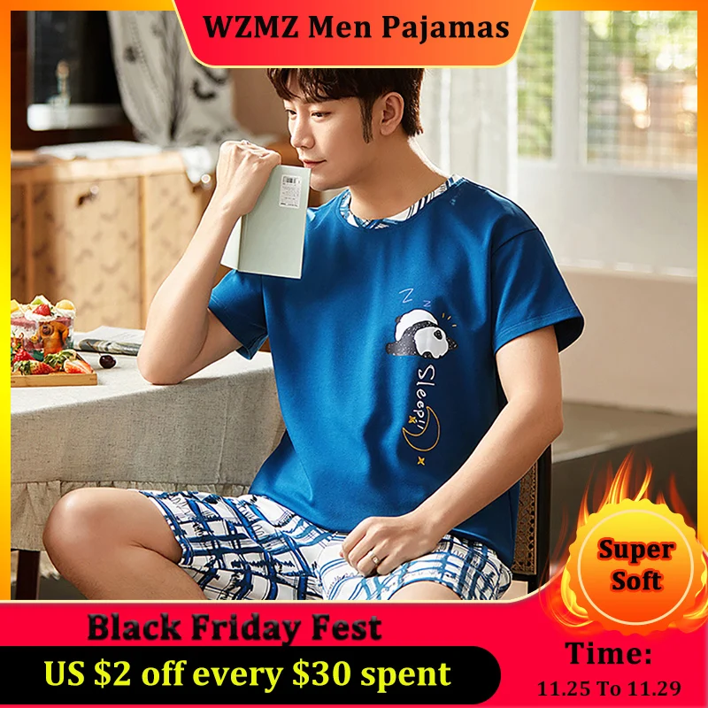 

Men Summer Pajama Sets Cartoon Pijama Panda Print Pajamas With Plaid Shorts Plus Size Casual Comfort Cotton Sleepwear Pyjamas