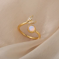 vintage fishtail opal rings for women stainless steel colorful opal crystal stone flower adjustable ring engagement jewelry