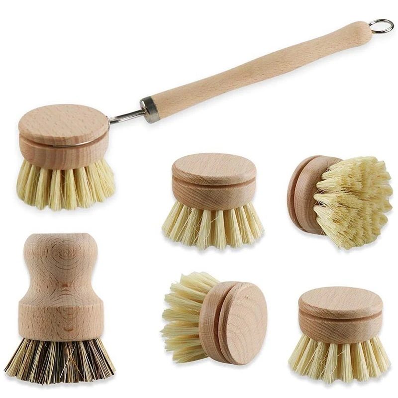 

6 Piece Washing Up Brush Wooden Dish Brush Set with Natural Fibre Bristles and Wooden Handle - Wood Washing Brush with Interchan