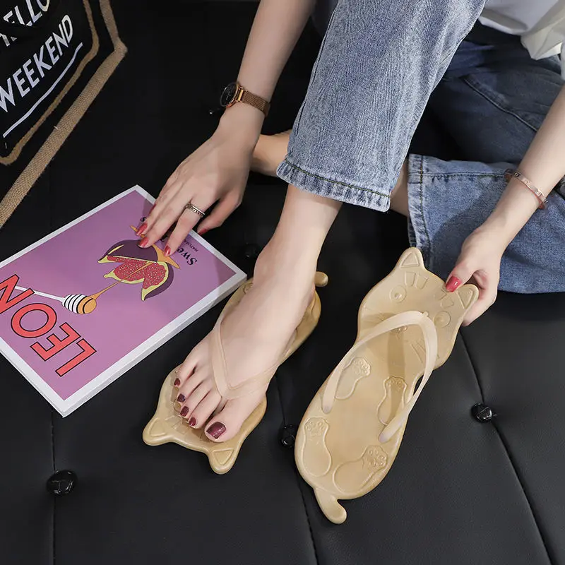

Flip Flops Women Designer Summer Beach Women Cat Shape Girls Lovely Non-slip Thick Heel Sandals Cute Outdoor Slippers