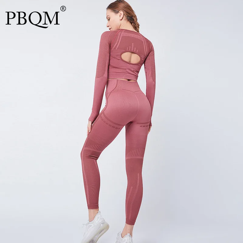 

Осенний бесшовный вязаный женский костюм для йоги PBQM 2021, осенне-зимняя одежда для фитнеса, однотонный дышащий комплект из 2 предметов 6T2172