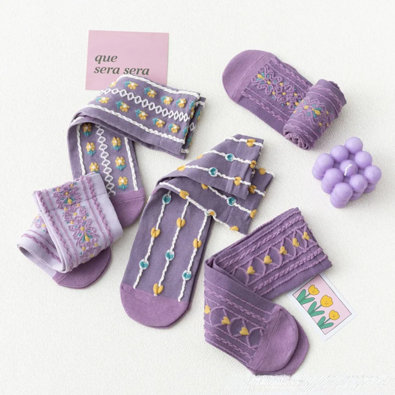 

1Pair Purple Floral Women Socks for Autumn Winter Lolita Japanese Style Fashion Student Girls Cotton Sox Youth Gift Accessory