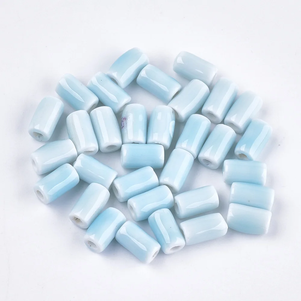 

10 pc Handmade Porcelain Beads Bright Glazed Porcelain Style Column Light Blue 10~10.5x6mm Hole: 2mm