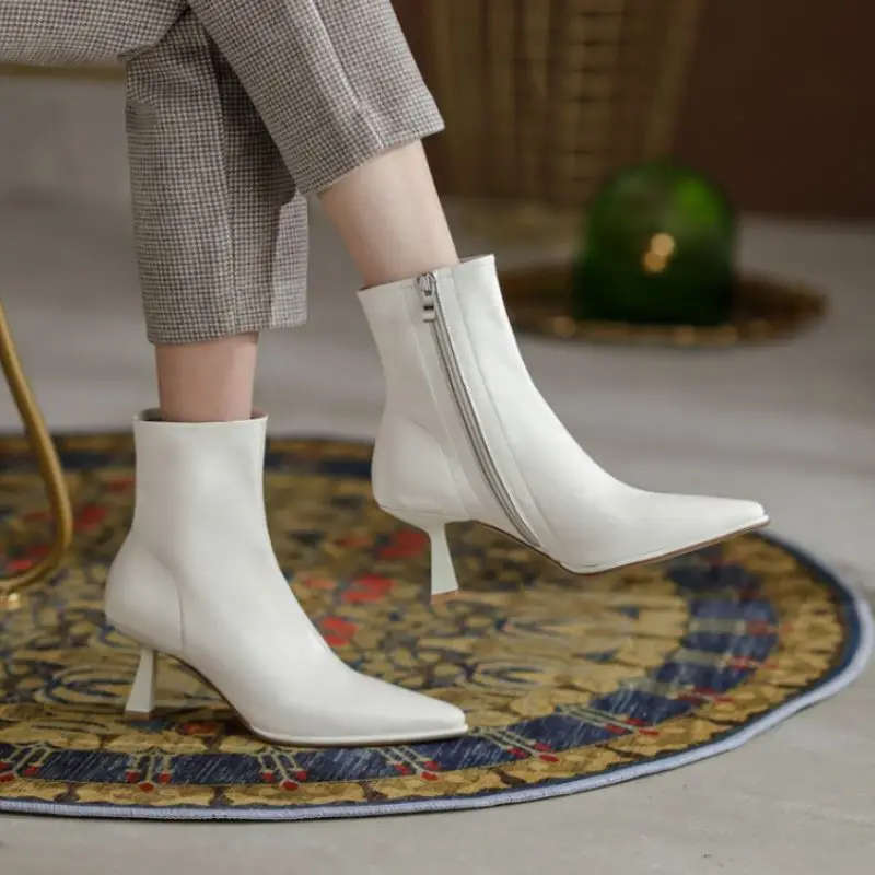

KemeKiss Size 33-40 Genuine Leather Women Ankle Boots Pointed Toe Thin High Heels Zipper Solid Color Fashion Ladies Footwear