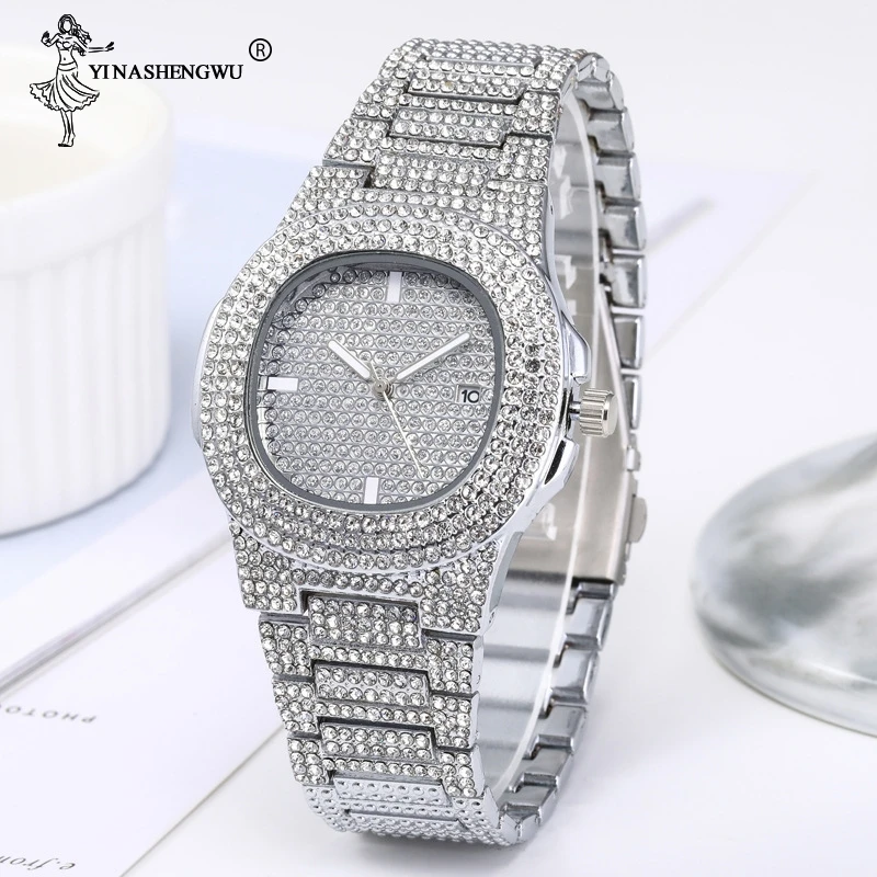 

Necklace+Watch+Bracelet Hip Hop Miami Curb Cuban Chain Gold Color Iced Out Paved Rhinestones CZ Bling Rapper Jewelry For Men